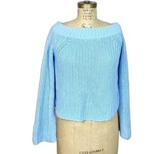 Boston Proper Knit Crochet Blue Off Shoulder Flare Sleeve Crop Sweater